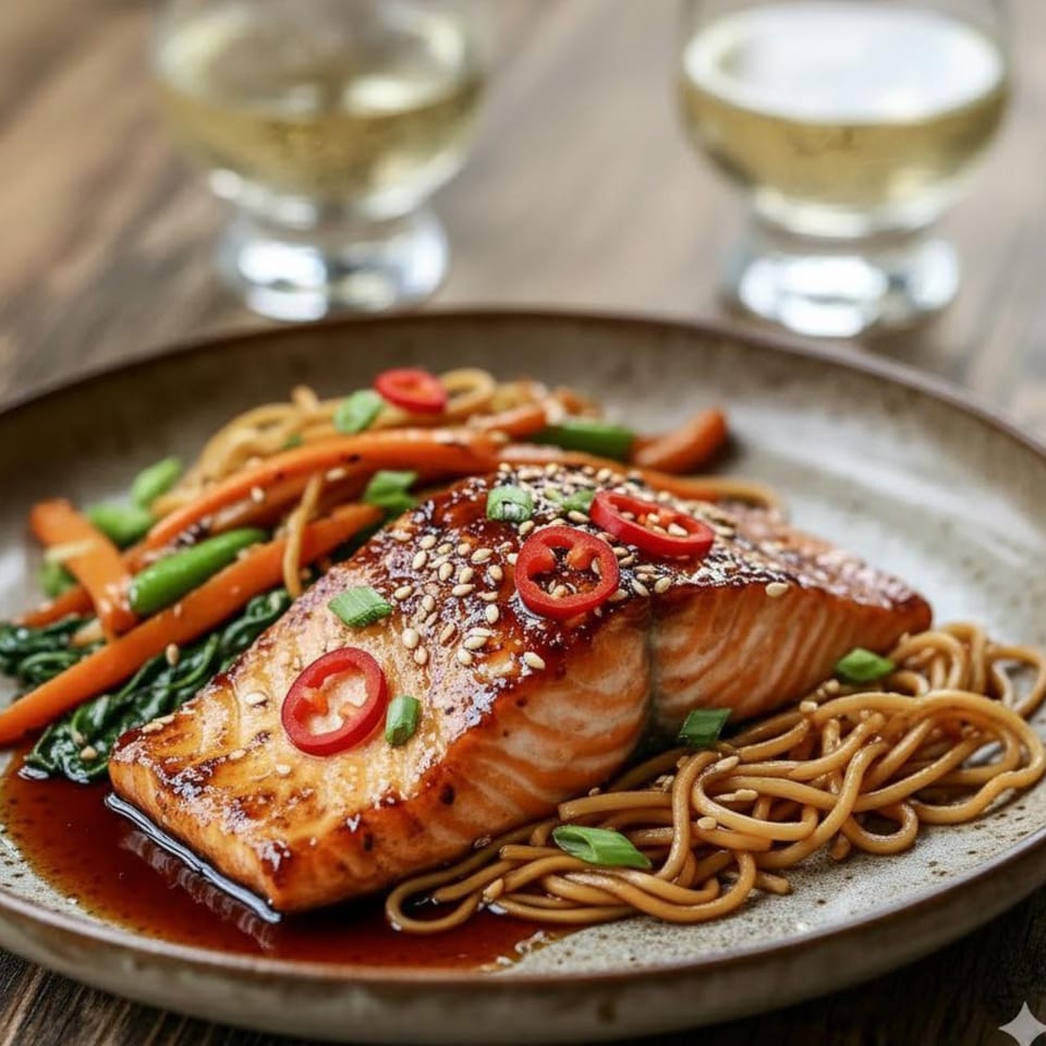 Glazed salmon with sesame seeds, red chilies, noodles, and vegetables, with two wine glasses.