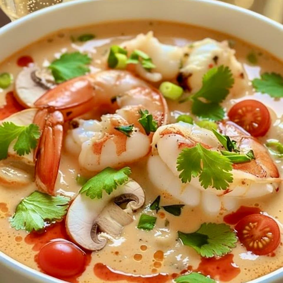 Close-up of Tom Yum soup with shrimp, mushrooms, cherry tomatoes, and cilantro in a white bowl.