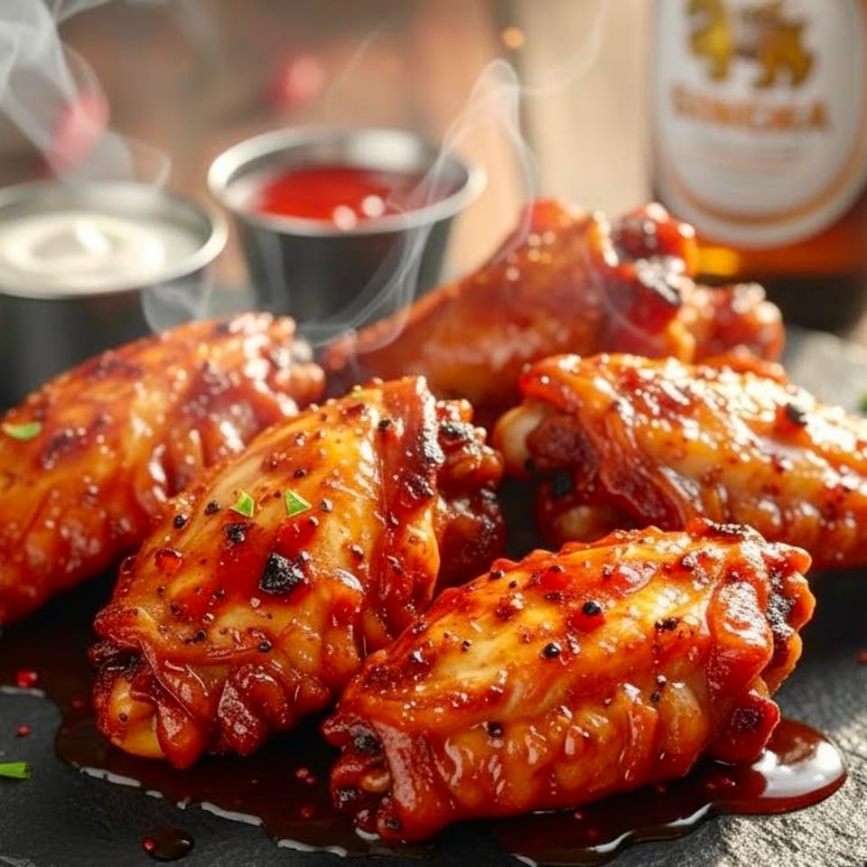 Steaming hot Thai Bangkok Bistro chicken wings with dipping sauces and a beer bottle.