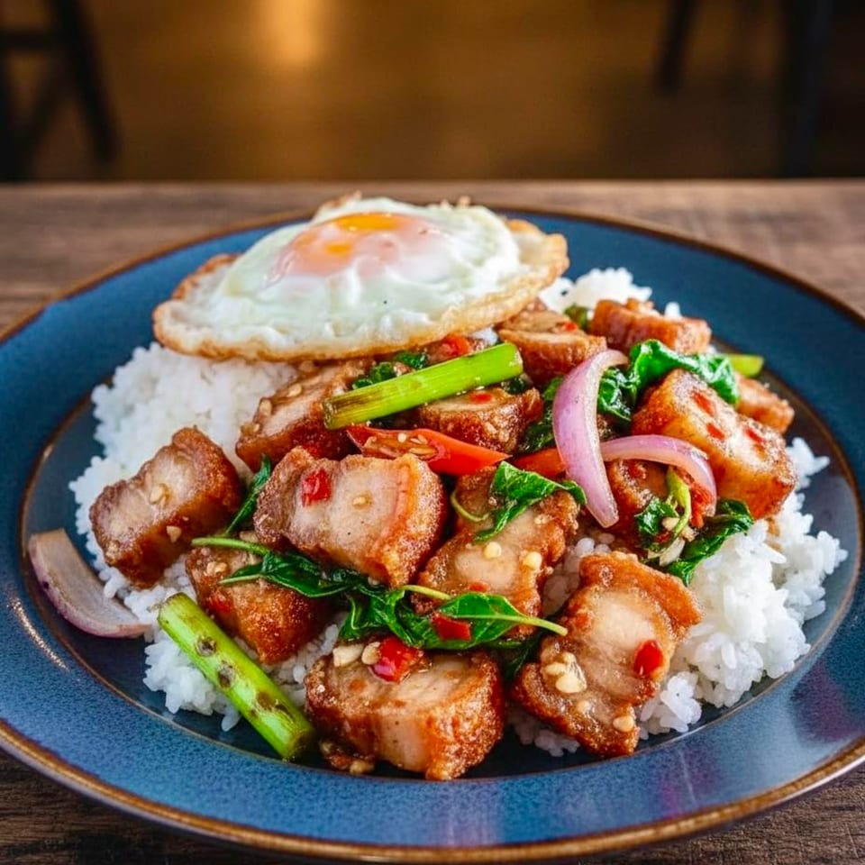 Crispy pork belly with basil, chili, onion, and a fried egg over rice on a blue plate.