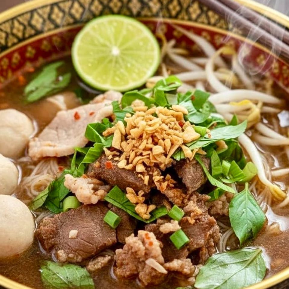 Steaming bowl of Thai Bangkok Bistro noodle soup with beef, meatballs, basil, and lime.
