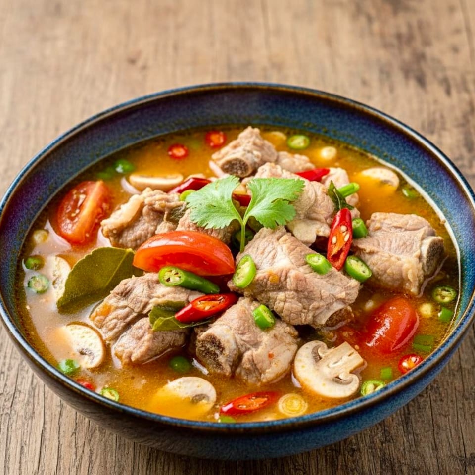 Spicy Thai pork rib soup with tomatoes, mushrooms, chilies, and cilantro in a blue bowl.