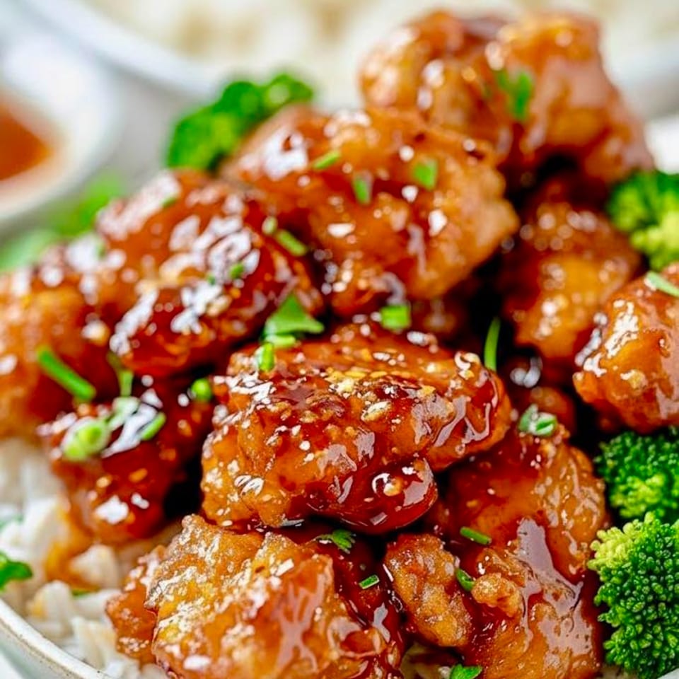 Close-up of crispy orange chicken with broccoli and rice, garnished with sesame seeds and chives.
