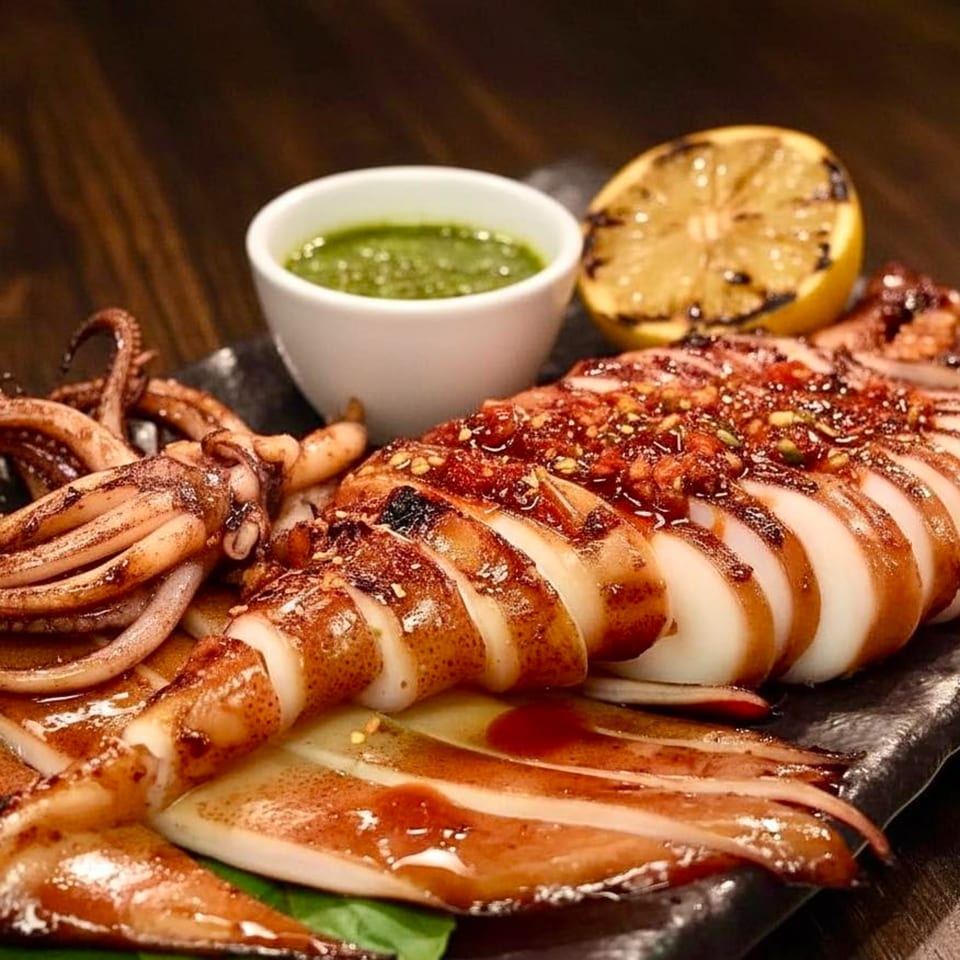 Grilled squid with tentacles, sliced body, green sauce, and a charred lemon half on a dark plate.