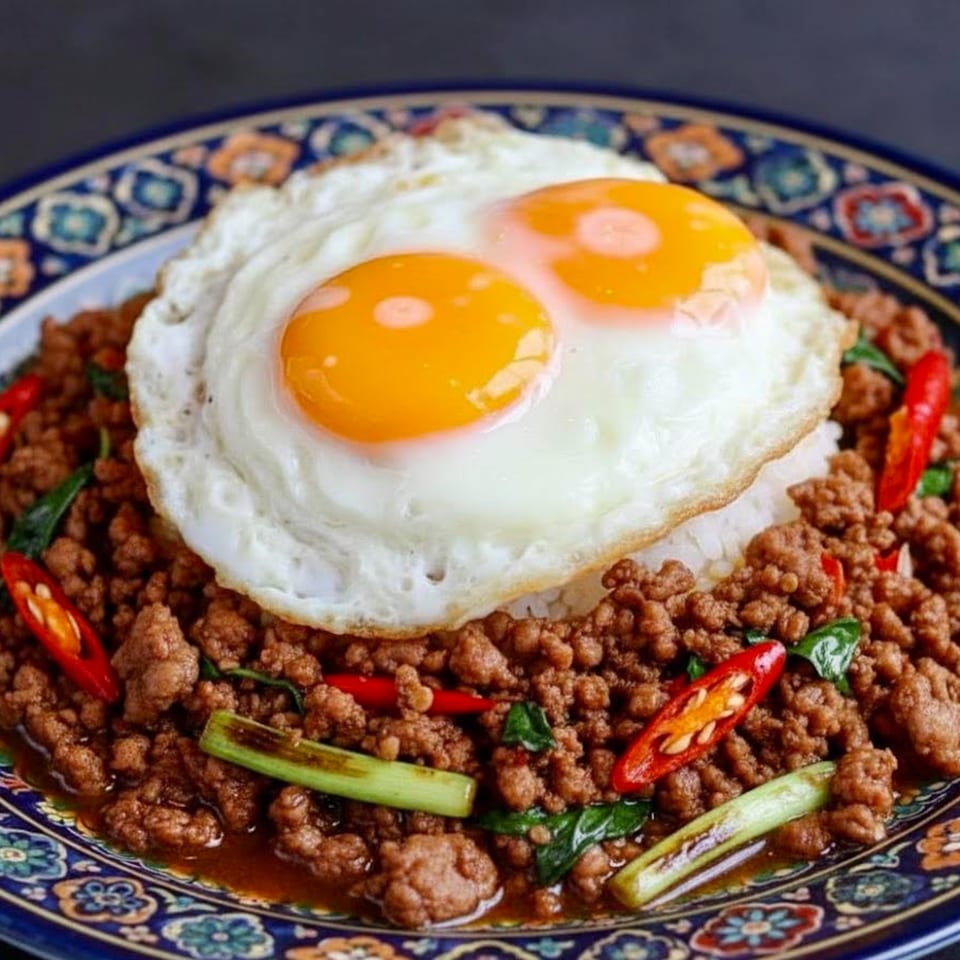 Thai Basil Pork (Pad Krapow Moo Saap) with two fried eggs, chili, and green onions.